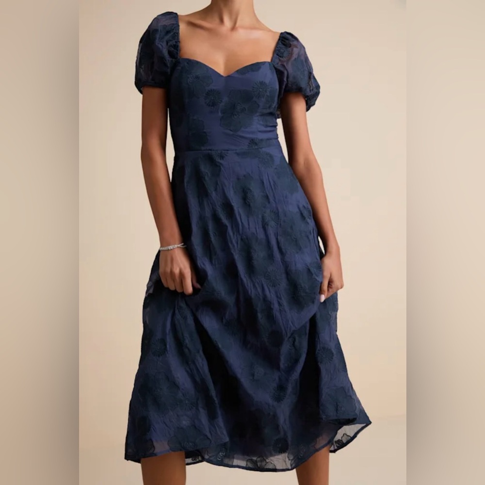 Lulus Sweetest Behavior Navy Embroidered Puff Sleeve Midi Dress